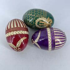 Vintage Kashmir Hand Painted Lacquered Paper Mache Wood Wooden Easter Eggs Set 3 picture