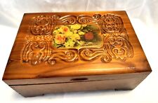 VINTAGE CEDAR CHEST Wood Box Decoupage, Etched,  dovetail w/ footings Beautiful picture
