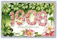 1908 New Year Clover Numbers Covered Flowers Tuck's Embossed Antique Postcard picture