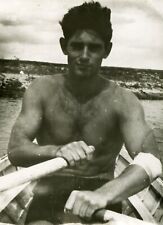 Shirtless Handsome young man boat bulge beach trunks gay vtg photo picture