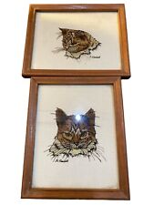 2 Vintage Reversed Painting on Glass of a Cat Head Signed by Author picture