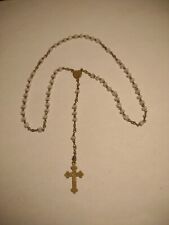 Antique Rosary With White Glass beads And Brass Cross picture