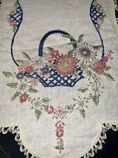 Antique Cotton Floral Basket Multi-color Hand Embroidery Table Runner Dresser  picture