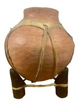 Mexican Pottery Tarahumara Indian Water Jug Pot w/Sinew Straps + Wood Stand Vtg picture