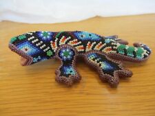 Huichol Hand Beaded  Lizard on Pottery Vase Vintage Mexican Native Folk Art picture
