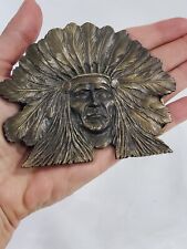 Vtg 1960s Indian Chief Headdress Western Belt Buckle Stamped MC Brass Metal EXC picture