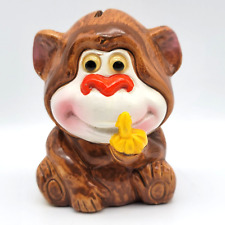 Ceramic Chalk Ware Monkey Bank with Banana 4.5x3.5 inches Eyes Move Stopper  EUC picture