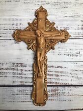 Vintage Brown Porcelain Hanging Cross 12 1/2” Crucifx Wall Mount Christianity picture