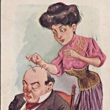 1907 He Loves Me Not Guessing Game Woman Pulls Man's Hair Humor Funny Postcard picture