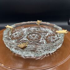 Vintage Anchor Hocking 8” Glass Ashtray With Gold Tone Leave Cigarette Holders picture