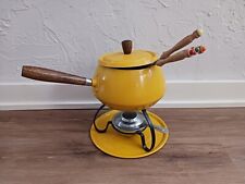 Vintage MCM Yellow Fondue Melting Cooking Pot Green With 4 Colorful Forks picture