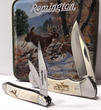 Remington Buck Doe Deer Scene Tin White Bone Peanut Lockback Pocket Knife Set picture