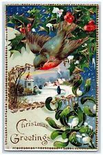 c1910's Christmas Greetings Bird Mistletoe Holly Berries House Winter Postcard picture