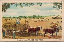 c1940s BUMBLE BEE, Arizona Linen Greetings Postcard Horses / Hay Cart Farm Scene picture