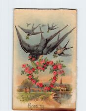 Postcard St. Valentines Greeting with Roses Birds Embossed Art Print picture