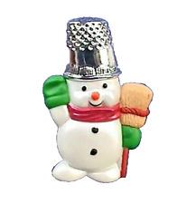 Hallmark PIN Christmas Vintage SNOWMAN THIMBLE of Ornament 1988 Holiday Brooch picture