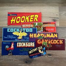 7 Diff Original 1940s GAY COCK Cocksure HEADMAN Rooster CRATE BOX Label Set picture