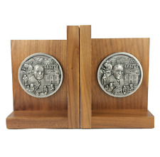 James Whitcomb Riley Indiana Silver Tone Metal Medal Relief  Wood Bookends 6.5