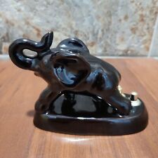 Vintage Black Brown Ceramic Elephant Raised Trunk Figurine Home Office Decor picture
