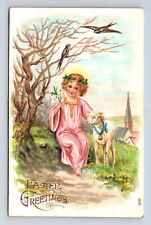 1908 Traditional Easter Angel Girl Flowers Lamb Church Germany Postcard picture
