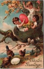 1909 EASTER GREETINGS Postcard Girls in Bird's Nest / Eggs / PFB Embossed #8294 picture