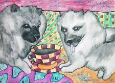 Keeshond drinking Coffee ACEO PRINT Dog Mini Art Card 2.5X3.5 KSAMS Collectible picture