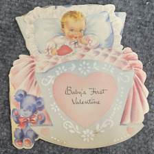 Vintage Valentines Card Baby First Cradle Glitter Darling Sweet Hallmark 1946 picture