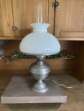 Vintage Silver Three Way Key Lamp with Milk Glass Hobnail Ruffle Edge Shade NICE picture