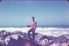 Dapper Young Japanese Man Standing on Rocks Beach 1950s 35mm Anscochrome Slide picture