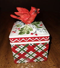 Fitz And Floyd Winterberry Plaid Christmas Trinket Box Cardinal Bird on Lid 2012 picture