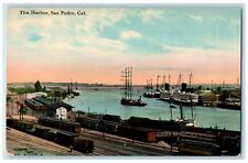 c1910's Train Locomotive, Steamships The Harbor San Pedro California CA Postcard picture