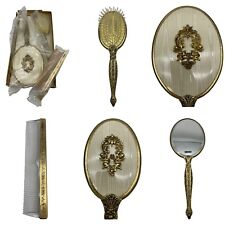 Vintage 24K Gold Plated Vanity Set Hand Mirror Brush Comb Cherub Angels 3pc set picture