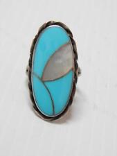 VINTAGE ZUNI STERLING SILVER TURQUOISE WHITE SHELL INLAY RING sz: 6 3/4 +/- picture