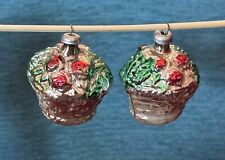 2 Antique German Glass Christmas Ornament Feather Tree Mini Holly Basket Holiday picture