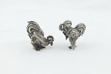 Sterling Solid Silver Cockfight Roosters Pair of Miniature Chicken Figurines picture