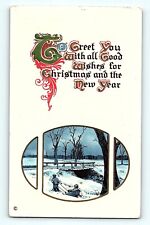 Christmas And New Year Man pulling Woman on Sled in the Snow Bridge Postcard E4 picture