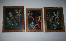 3x Vintage Cartimex 1950s FEATHERCRAFT Bird Paintings Handcarved Frames MEXICO picture