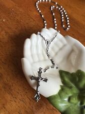 Vintage Estate Mid Century White Silver Jesus Cross  24” Jesus Mary Rosary picture