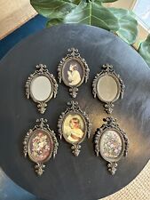 Set Of 6 Ornate Metal Framed Flower Mirror And Girl Pictures Italy Vintage picture