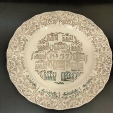 1957 Calendar Plate Cream Gold Metallic Floral Pattern Vintage 10 in picture