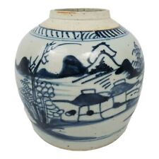 Antique Stoneware Ming Dynasty Ginger Jar Blue White Chinoiserie Chinese Vintage picture