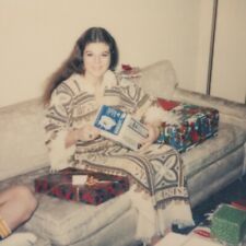 Vintage Polaroid Photo Pretty Lady Opening Christmas Gifts Found Art Snapshot picture