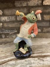 Majolica look frog with blowing a Horn ceramic pottery statue figurine 10