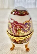 Beautiful VINTAGE Porcelain EGG Gold Hinged Trinket Box 3 Legs. Floral. picture