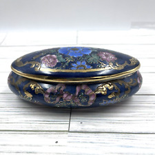 Vintage TOYO Trinket Dish w/ Lid Oval Japan Hand Painted Floral Cloisonne 7