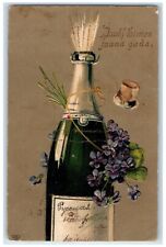 c1910's New Year Champagne And Flowers Latvia Embossed Posted Antique Postcard picture