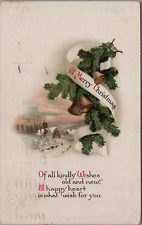 Snowy Merry Christmas Embossed Fir Boughs Church Home Bells 1917 Akron OH Cancel picture
