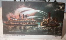 1904 New York Fire Boat In Action Postcard Night Moon Color Fire Fighting  picture