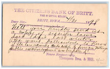 Dows Wright Co. Iowa IA Britt IA Postal Card Citizens Bank of Britt 1898 picture