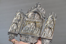 Antique French religious triptych silver plated  bronze 'Lourdes' picture